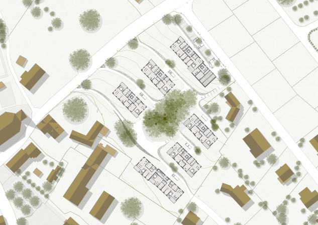 **Wohnbau Oberdorf Lothalden, Altnau TG** Stoffel Schneider Architekten AG Mit langen, schmalen Baukörpern wird das dörfliche Bebauungsmuster aufgegriffen. Als freiräumlicher Schwerpunkt formiert sich die bestehende Baumgruppe mit imposanten Laubbäumen in deren Mitte. Die Baukörper sind in zwei Gruppen um den alten Baumbestand angeordnet und bilden einen Freiraum, der die Mitte einnimmt. Die Baugruppen verzahnen sich im Osten mit dem Einfamilienhausquartiert und an der Lothalde mit der Freihaltezone. Die vorgezogenen, langen Gebäude fassen den mittigen Freiraum im Norden und Süden ohne die neue Bebauung gegenüber der Nachbarschaft abzuschliessen. Die starke Hanglage bewirkt, dass sich die Gebäude gegenüber der Kirche unterordnen und der Blick auf die Kirche freigespielt wird. Parallel zum Hang und durch den mittigen Freiraum sind grosszügige Durchblicke quer durch die Bebauung gewährleistet. Die Topografie wird in ihrer heutigen Form belassen. Die Gebäude mit Zugängen und Loggien sind so gestaltet und ins Terrain eingesetzt, dass nur minimale Terrainanpassungen notwendig sind.