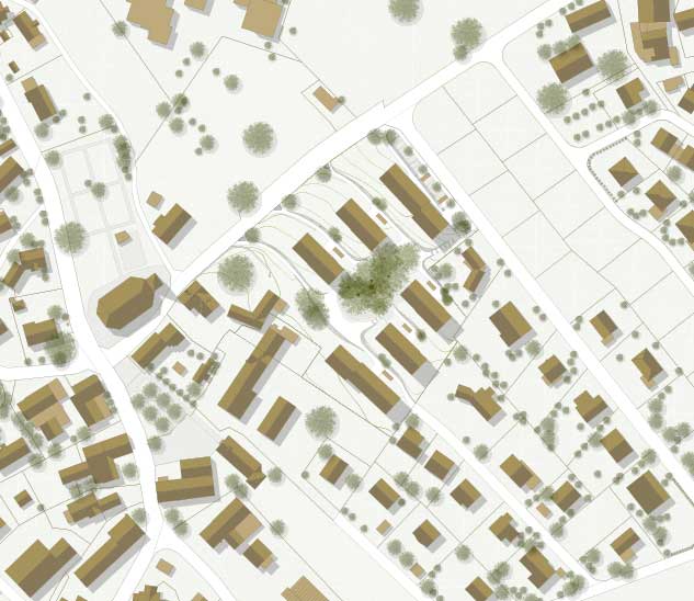 **Wohnbau Oberdorf Lothalden, Altnau TG** Stoffel Schneider Architekten AG Mit langen, schmalen Baukörpern wird das dörfliche Bebauungsmuster aufgegriffen. Als freiräumlicher Schwerpunkt formiert sich die bestehende Baumgruppe mit imposanten Laubbäumen in deren Mitte. Die Baukörper sind in zwei Gruppen um den alten Baumbestand angeordnet und bilden einen Freiraum, der die Mitte einnimmt. Die Baugruppen verzahnen sich im Osten mit dem Einfamilienhausquartiert und an der Lothalde mit der Freihaltezone. Die vorgezogenen, langen Gebäude fassen den mittigen Freiraum im Norden und Süden ohne die neue Bebauung gegenüber der Nachbarschaft abzuschliessen. Die starke Hanglage bewirkt, dass sich die Gebäude gegenüber der Kirche unterordnen und der Blick auf die Kirche freigespielt wird. Parallel zum Hang und durch den mittigen Freiraum sind grosszügige Durchblicke quer durch die Bebauung gewährleistet. Die Topografie wird in ihrer heutigen Form belassen. Die Gebäude mit Zugängen und Loggien sind so gestaltet und ins Terrain eingesetzt, dass nur minimale Terrainanpassungen notwendig sind.